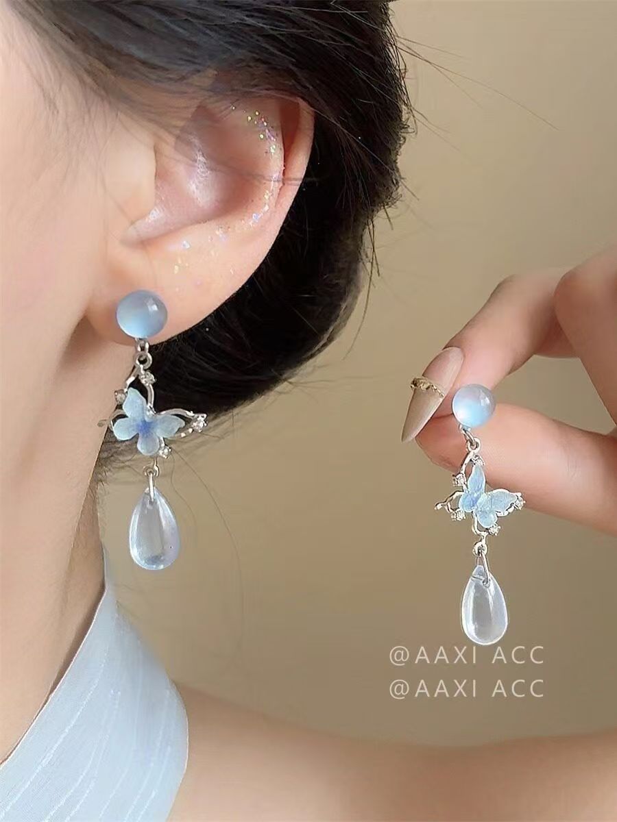 Cool Blue Sweet Butterfly Earrings For Women, New Chinese Retro Niche Design Versatile Ear Jewelry
