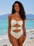 2026 Women's Luxe One-Piece: Cream Textured Bandeau With Gold Starfish Hardware And Double Cutout Detail