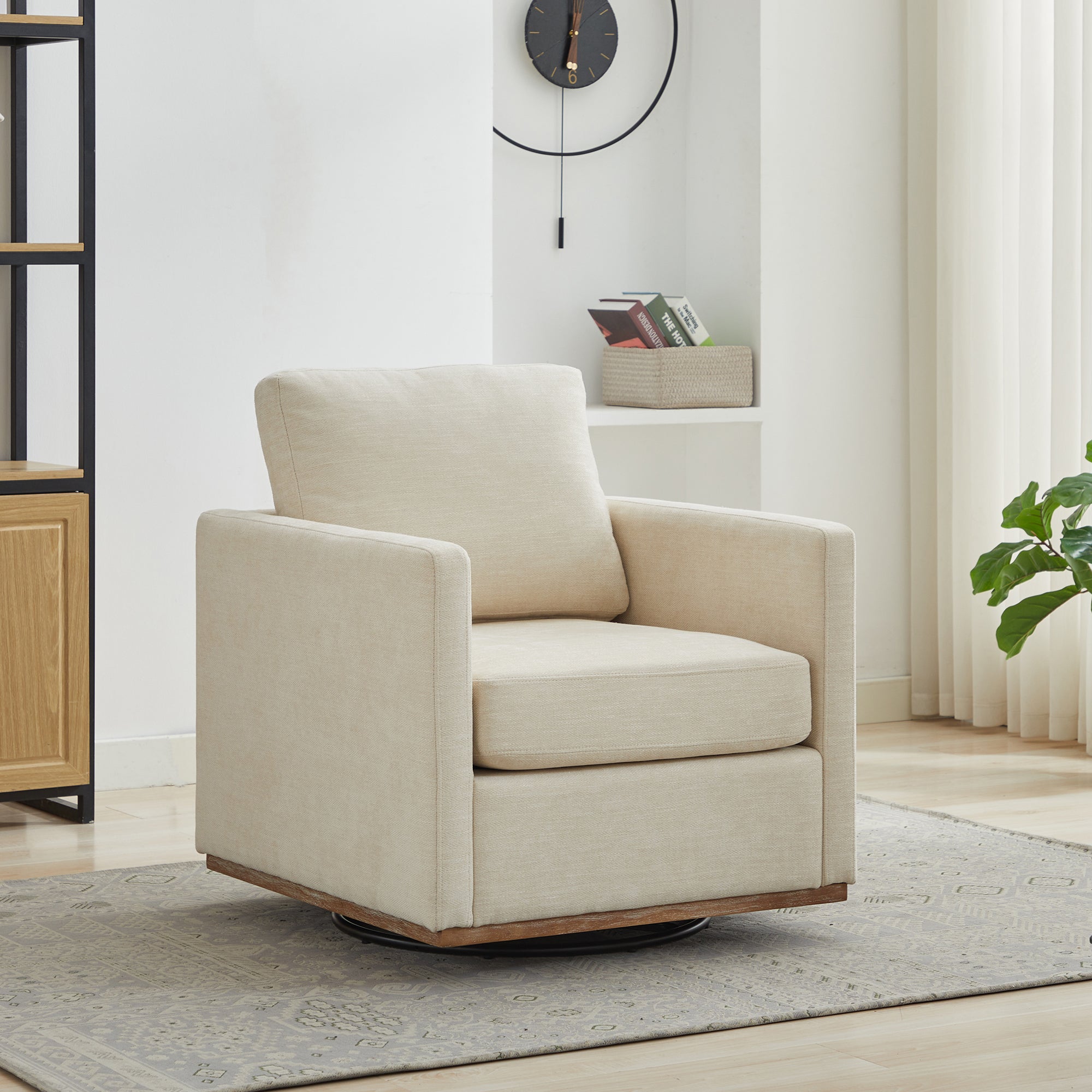 30.7 W Square Upholstered 360 Swivel Accent Chair And Comfy Single Sofa Chair With A Weathered Finished Wooden Base, Club Lounge Reading Armchair For Living Room Bedroom Apartment Nursery. Beige