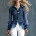 Casual Relaxed-fit Faux-jean Patchwork Top With A Turn-down Collar And Long Sleeves
