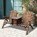 Double Wooden Adirondack Chair With Ice Bucket, Outdoor Loveseat With High Backrest, Smooth Armrest, Rustic Brown