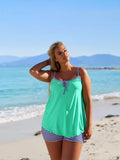 2026 New Fashion Swimsuit Women's Mint Green Striped Strap Tankini + Boyshort Set For Casual Style, Fresh & Slim Fit