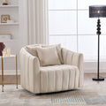 39 W Upholstered Oversized 360 Swivel Accent Barrel Chair And Half Cozy Sofa With 3 Pillows, Channel Tufted Pumpkin-Shape Club Armchair For Living Room, Bedroom, Office, Lounge, Velvet Beige