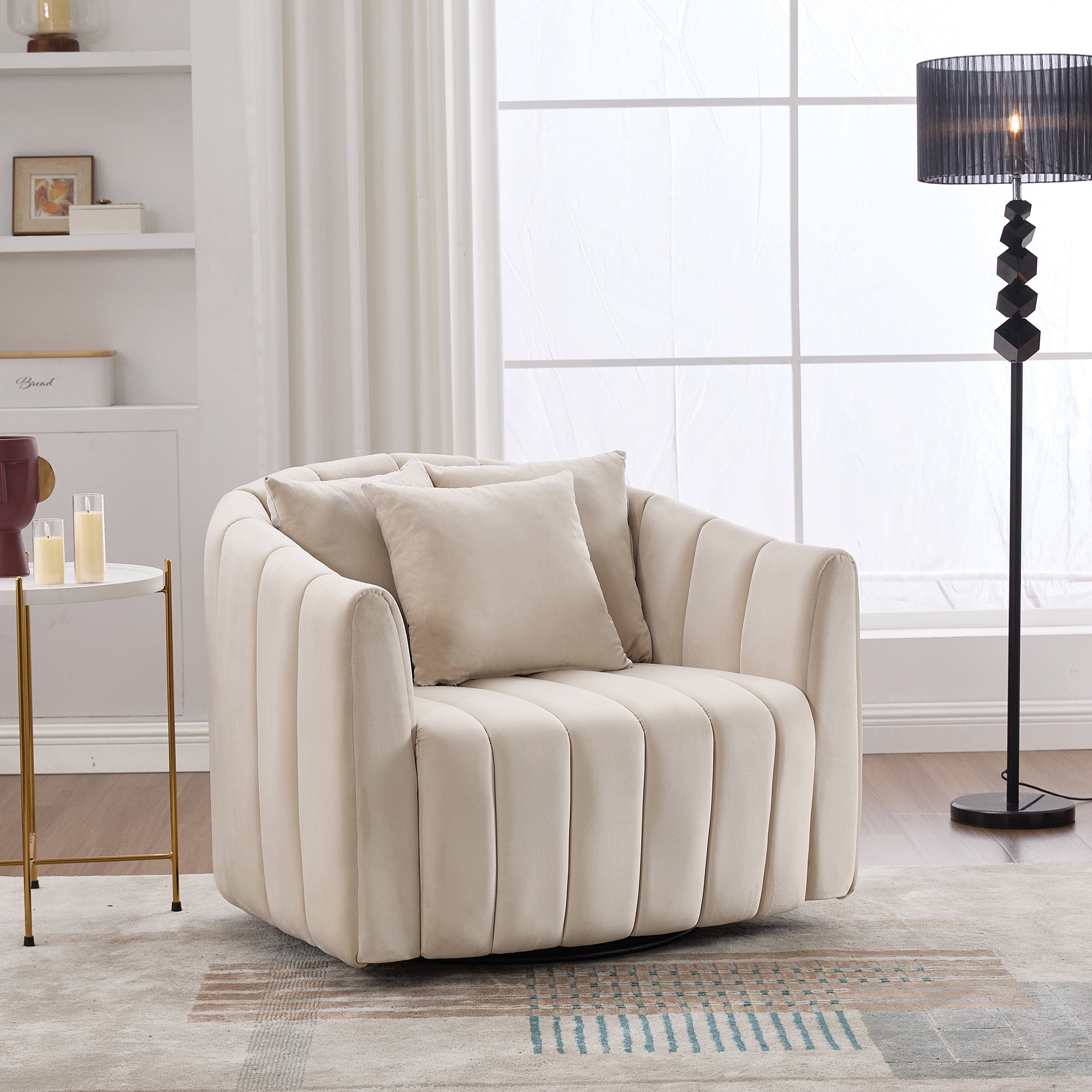 39 W Upholstered Oversized 360 Swivel Accent Barrel Chair And Half Cozy Sofa With 3 Pillows, Channel Tufted Pumpkin-Shape Club Armchair For Living Room, Bedroom, Office, Lounge, Velvet Beige