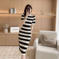 Black And White Striped Viscose Knit Midi Dress With Color-blocking