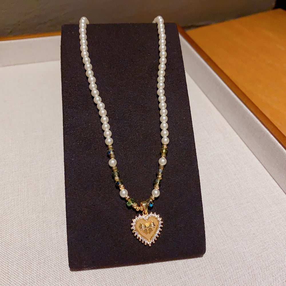 French-style Light-Luxury Zircon Metal Heart Pearl Necklace