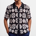 Mens Black And White Plaid Color-Block Crochet Hollow-Out Knit Sweater