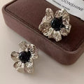 2026 Trendy Textured Metal Flower Studs, Retro Black Pearl Earrings, Light Luxury Jewelry