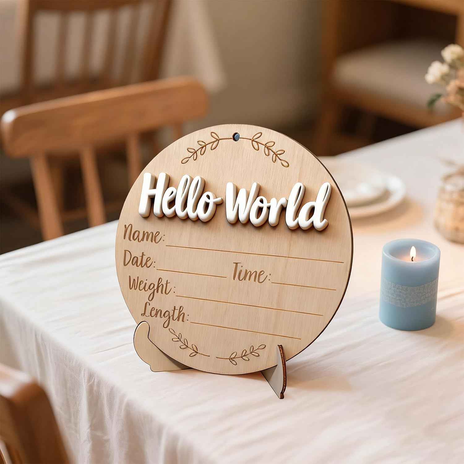 Wooden Hello World Birth Announcement Sign, Newborn Baby Footprint Milestone Photo Prop, Birth Info Name Date Weight Height Wooden Plaque