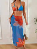 2026 New Blue-Red Color Block Floral Bikini 3 Piece Set, Halter Swimsuit + Sheer Mesh Cover Up Maxi Skirt