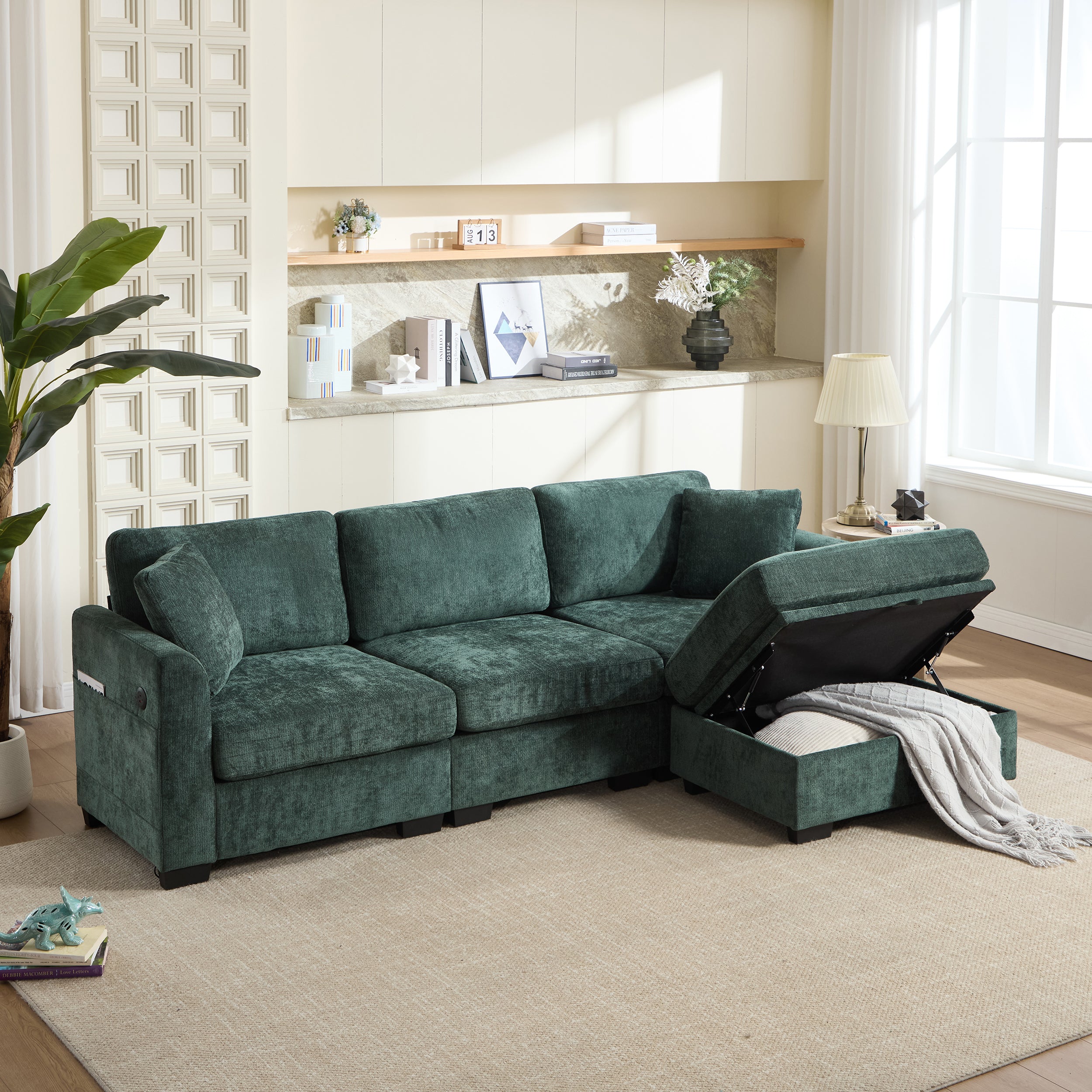 Modern Storage Sofa With Dual USB, 2 Side Pockets,Ottoman Storage Bench Cloud Sectional Chenille Sofa Oversized,4-Seat, L-Shaped Couch,Green