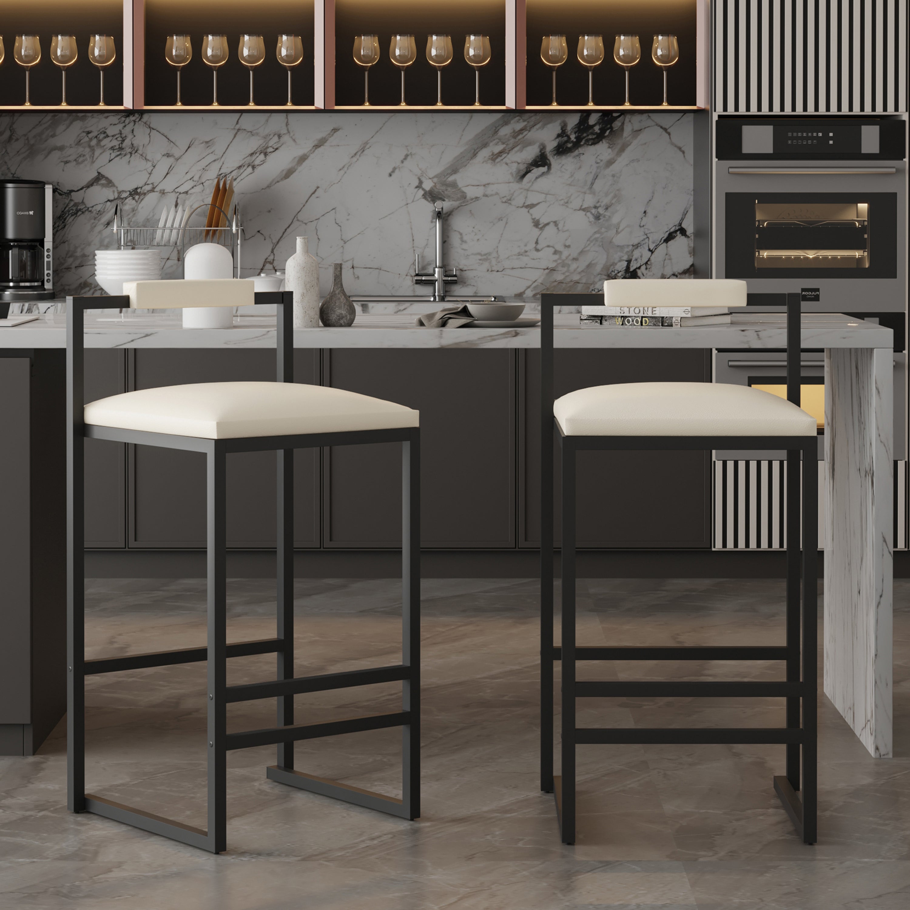 Set Of 2 Barstools Faux Leather Upholstered Bar Stools Modern Metal Frame Dining Chairs For Counter, Kitchen Island  Beige