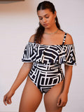 2026 New Women's One-Piece Swimsuit: Black & White Geometric Print, Off-the-Shoulder Ruffle Neckline, Spaghetti Straps, High-Waist & High-Cut Leg Design