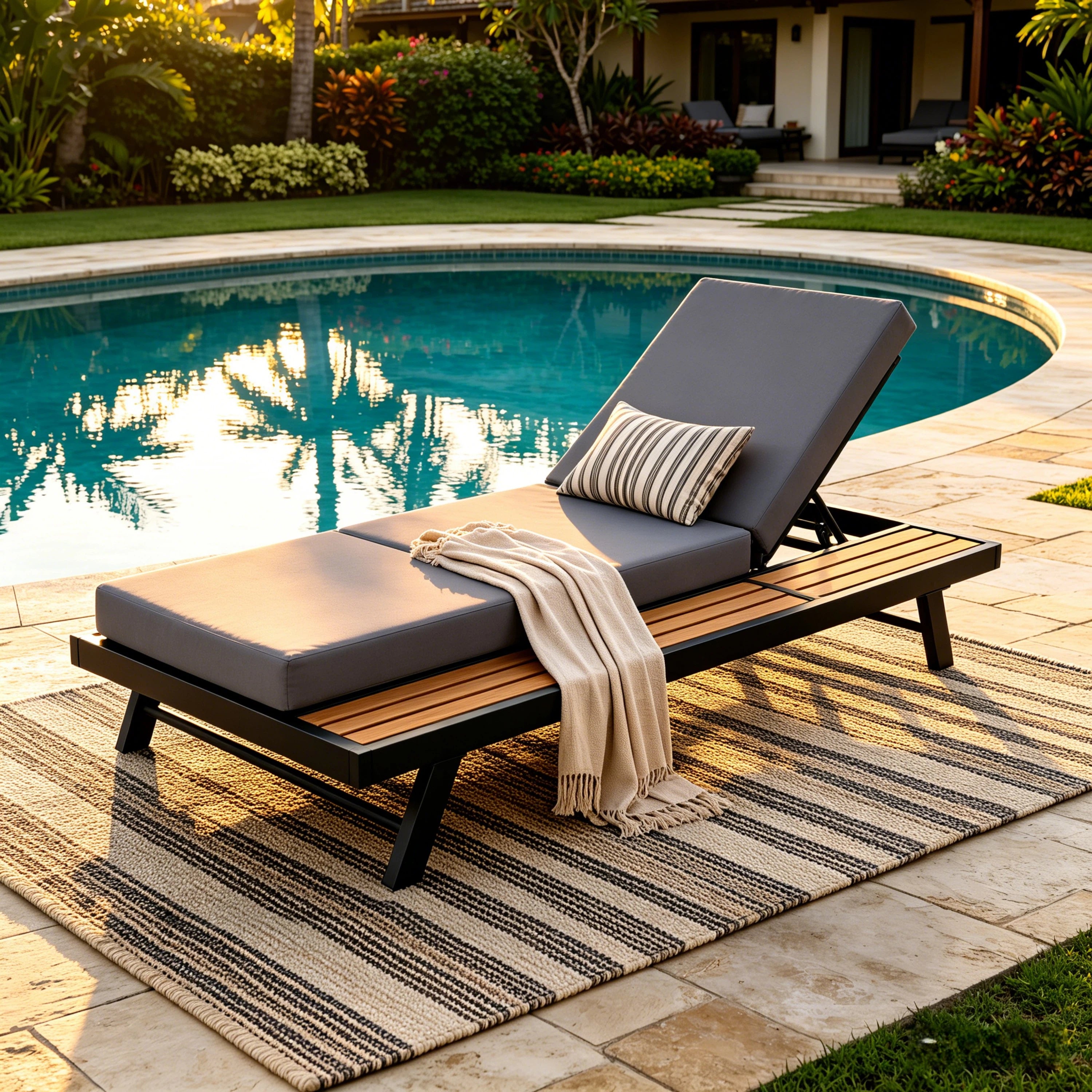 Black Iron   Teak Finish Chaise Lounge Set With Dark Grey Cushion, 400 Lbs Capacity, 4  Thick 3-Fold Water-Resistant Cushion, Adjustable Backrest With Flat Storage Surface For Patio Poolside