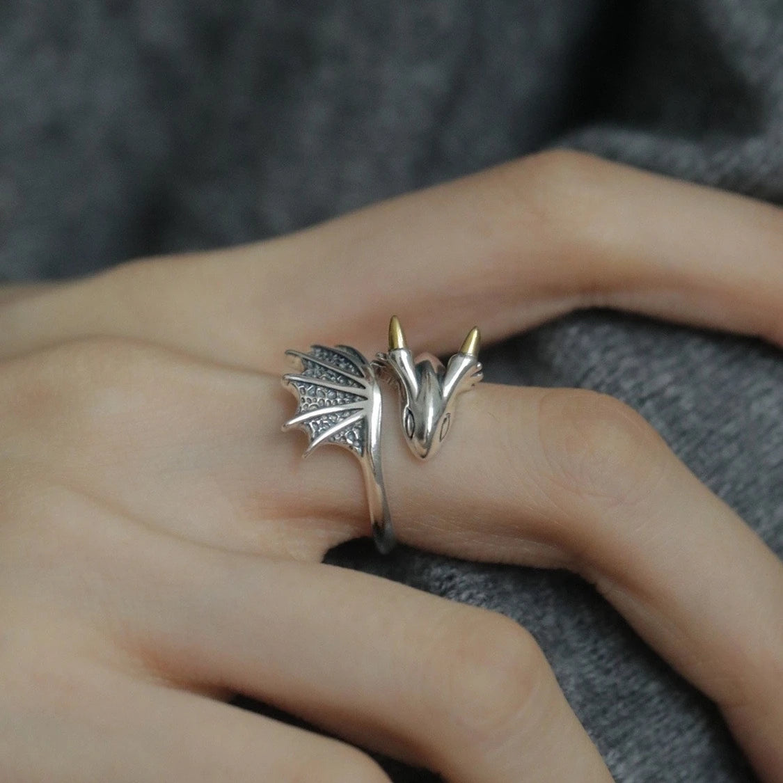 1pcs Two-Tone Vintage Dragon Wing Adjustable Open Ring, Dark Punk Gothic Style, For Daily Street Cosplay Wear & Men Women Unique Holiday Gifts