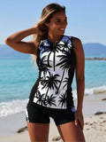 2026 New Sporty Swimsuit Women's Coconut Tree Print Zipper Sleeveless Rash Guard + Boyshort Set For Surfing, Slim & Quick-Dry