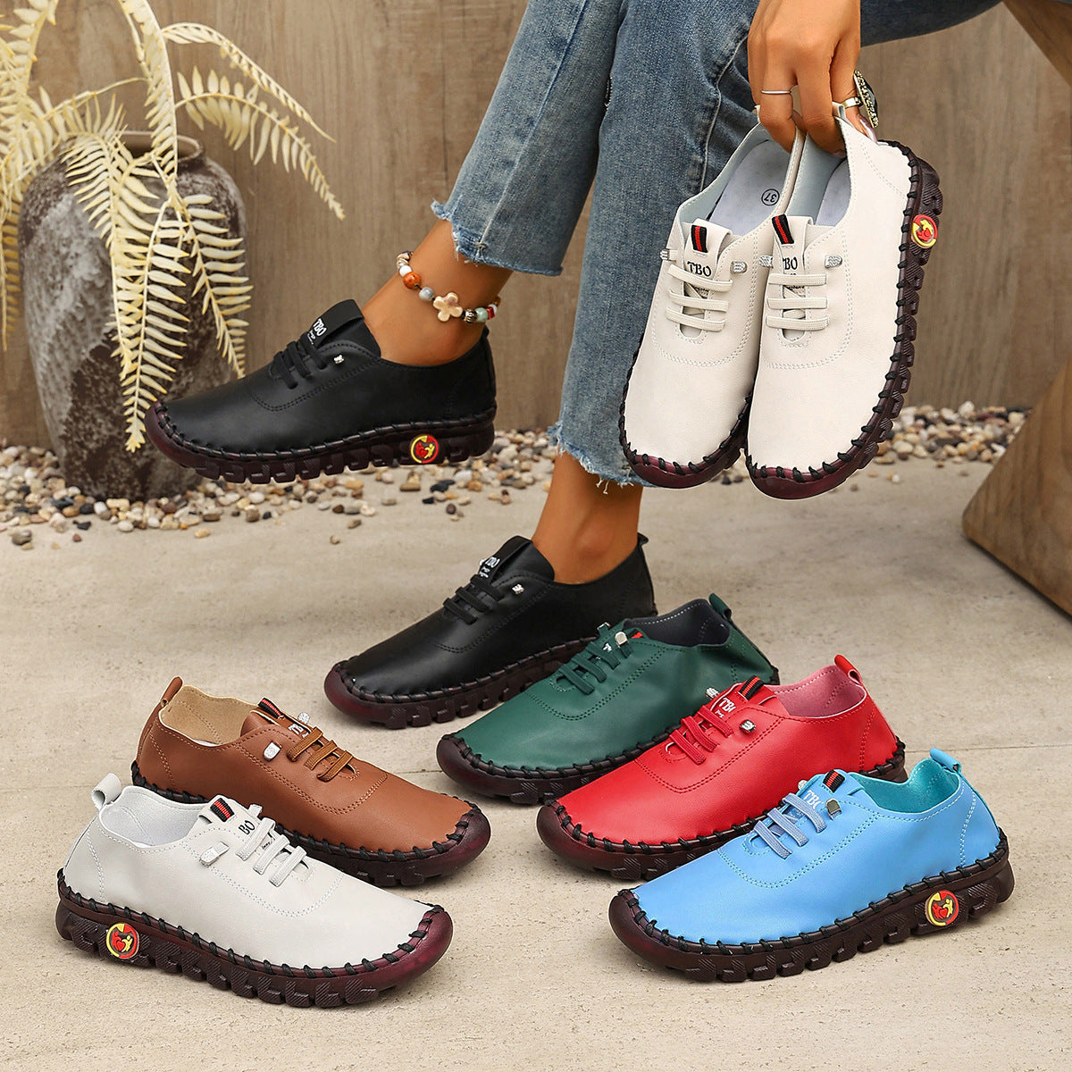 Stitched Crepe-soled Soft-leather Flats