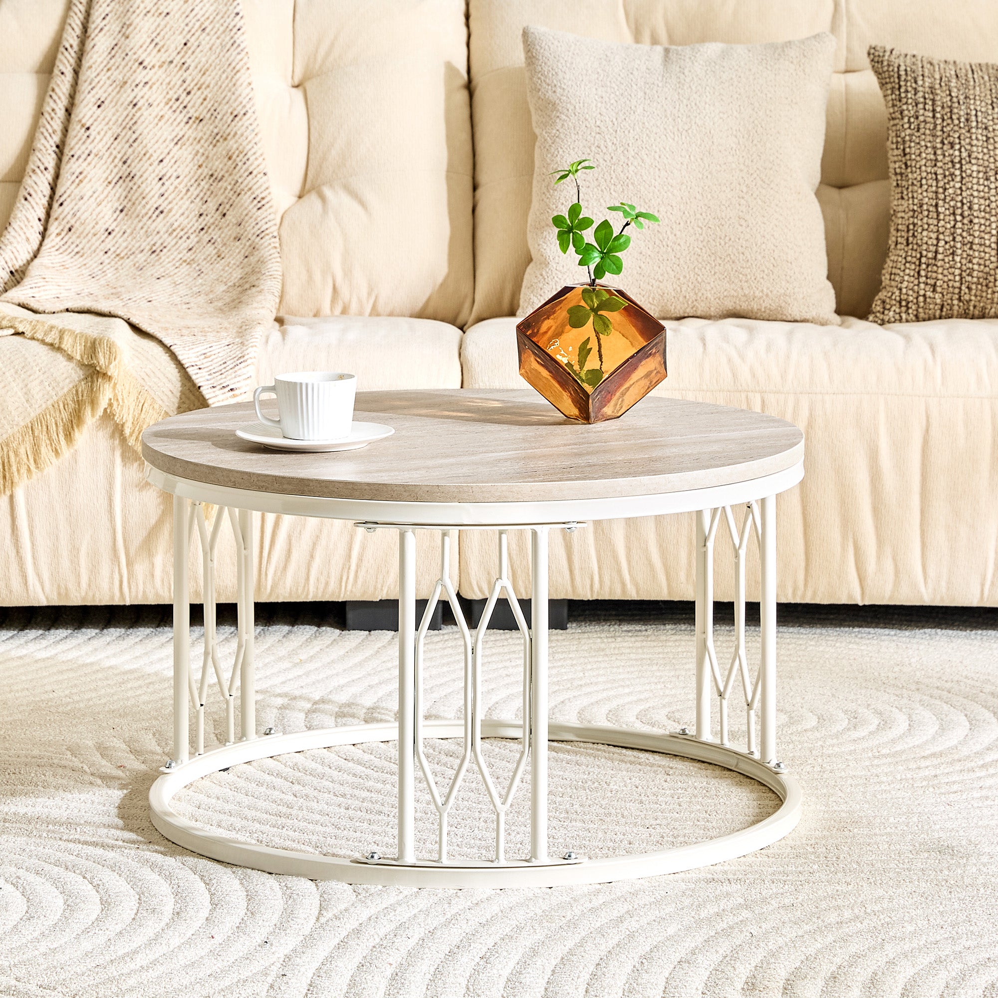 Round MDF Coffee Table With Stone-Effect Texture, 27.5-inch Diameter. Round Coffee Table For The Living Room. Wabi-sabi Style Round Coffee Table Featuring Sturdy Metal Frame Legs And Easy Assembly.