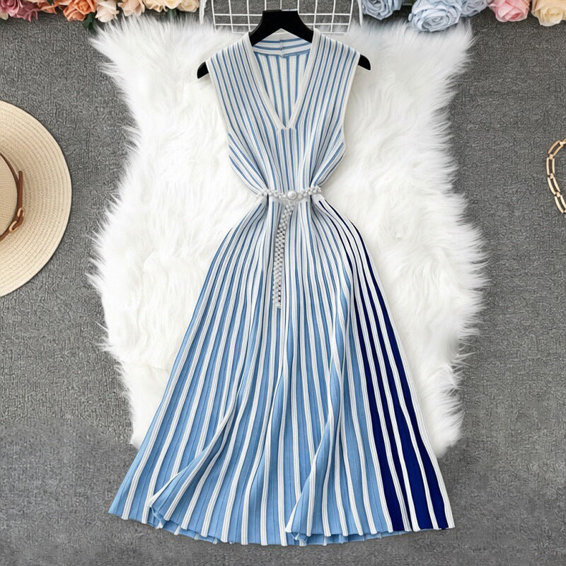 Womens Outfit Pearl-decorated Waist Belt With A Knitted Vest Dress