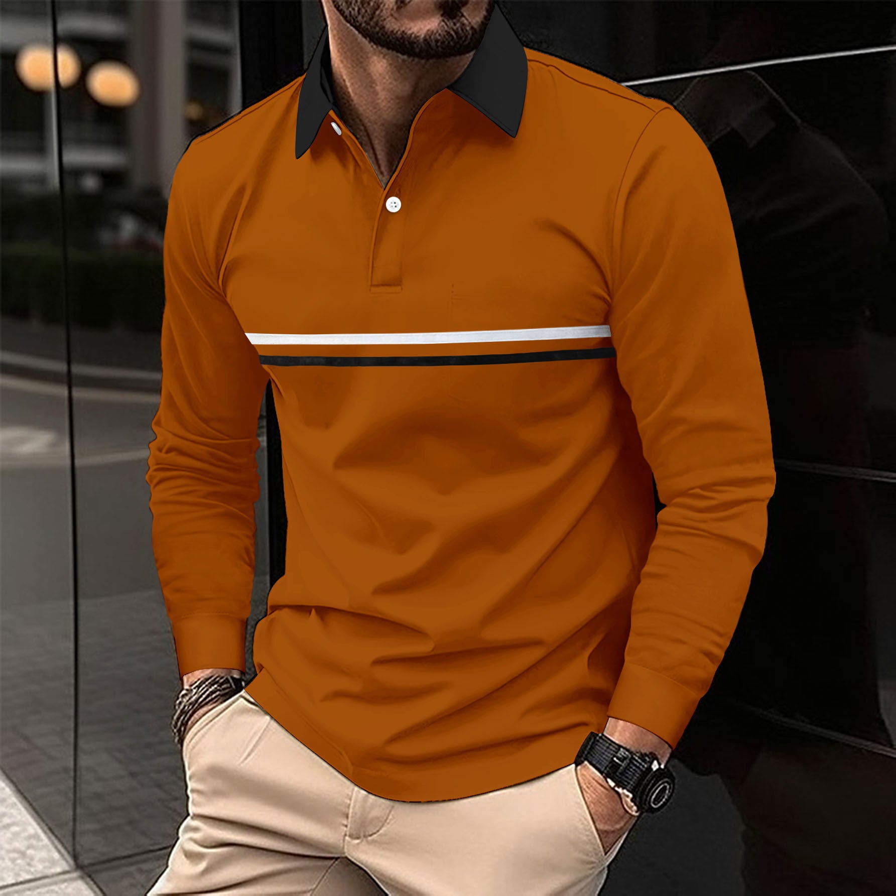 Button-down Long-sleeve Mens Sports Polo Shirt