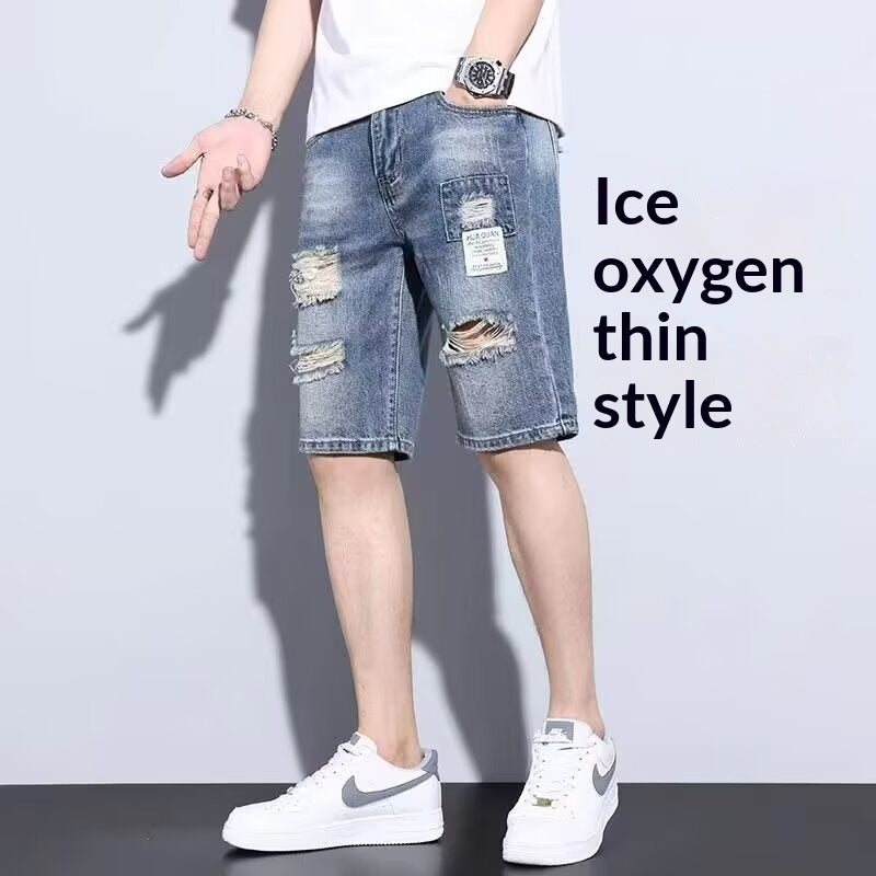 Mens Five-Point Casual Ripped Denim Shorts