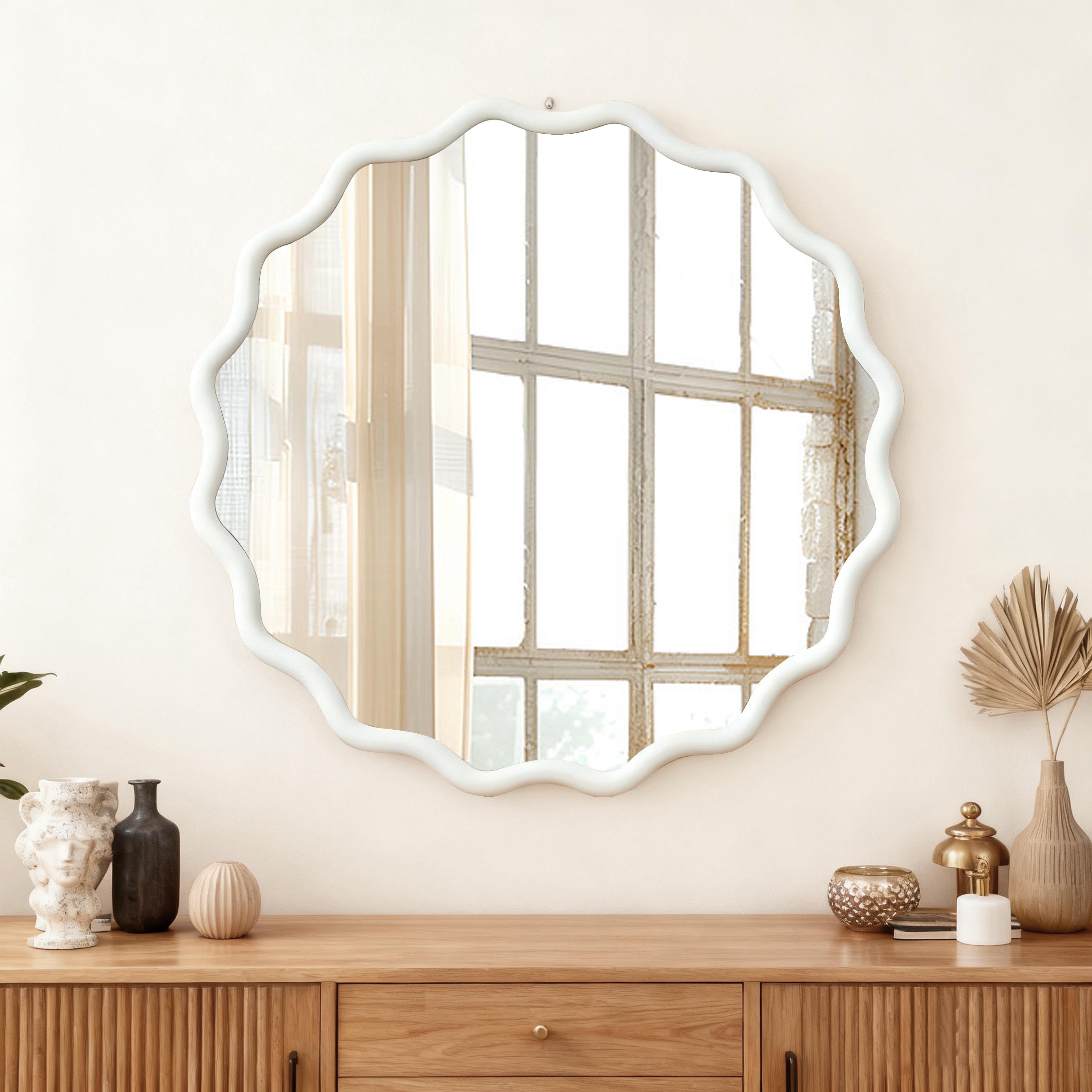 White 30 Inch Wavy Round Solid Wood Frame Decorative Mirror,For Bedroom, Bathroom, Living Room, Entryway