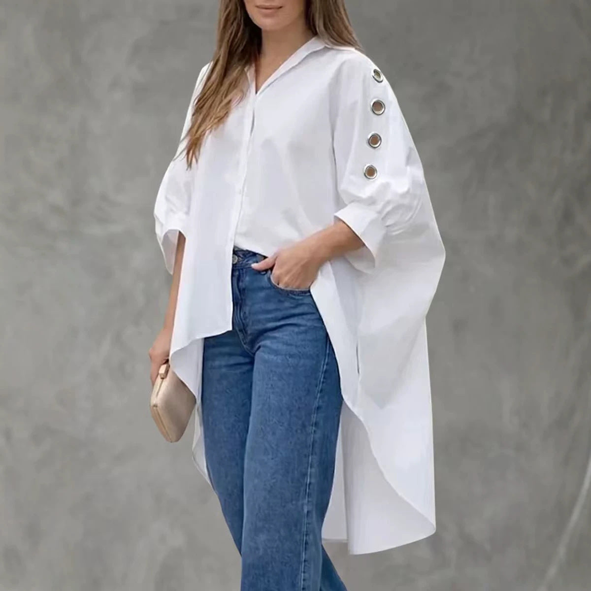 Womens Loose-fit Solid-color Long-sleeve Shirt