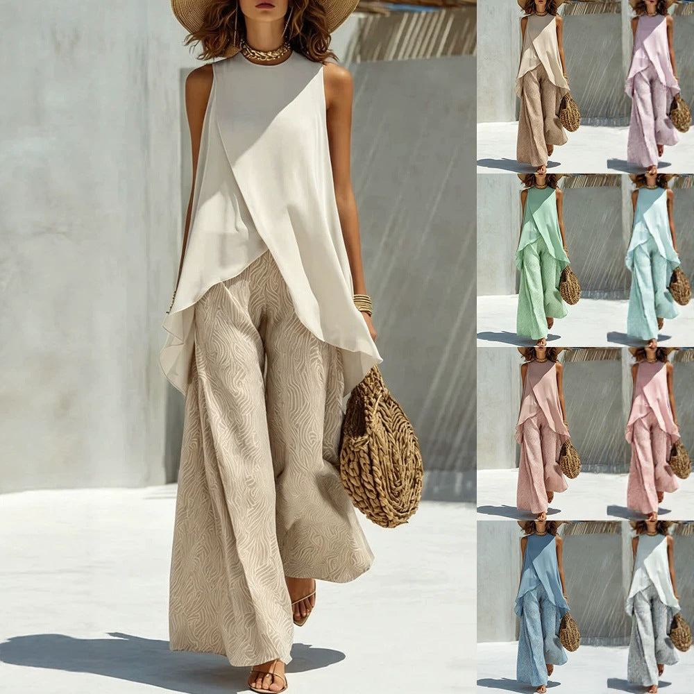 Womens Crew-neck Pullover Sleeveless Top And Long Pants Set