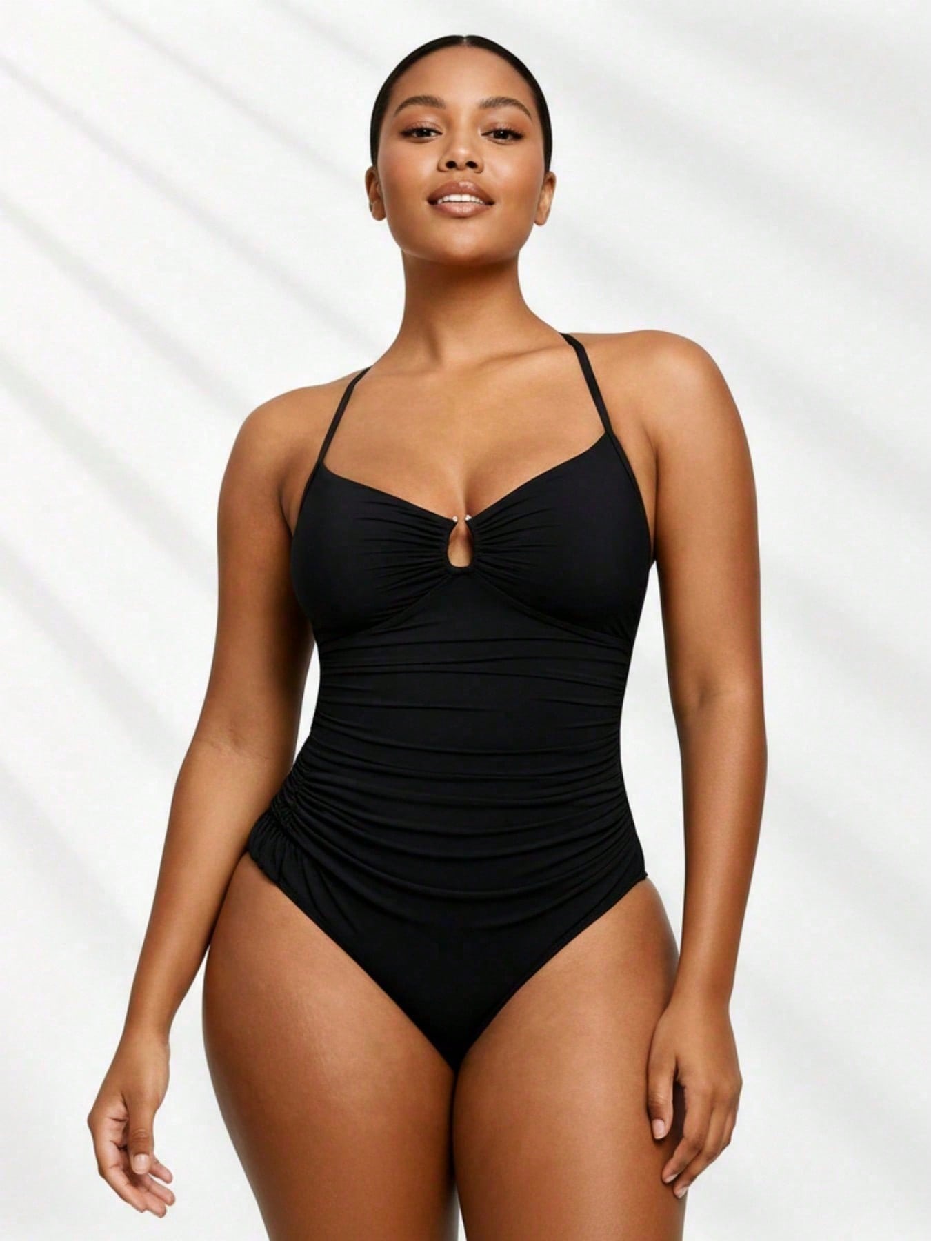 2026 Multi-Occasion Plus Size One-Piece - Ruched Black Design, Keyhole Bust, Perfect For Luxury Resorts & Casual Beach Trips
