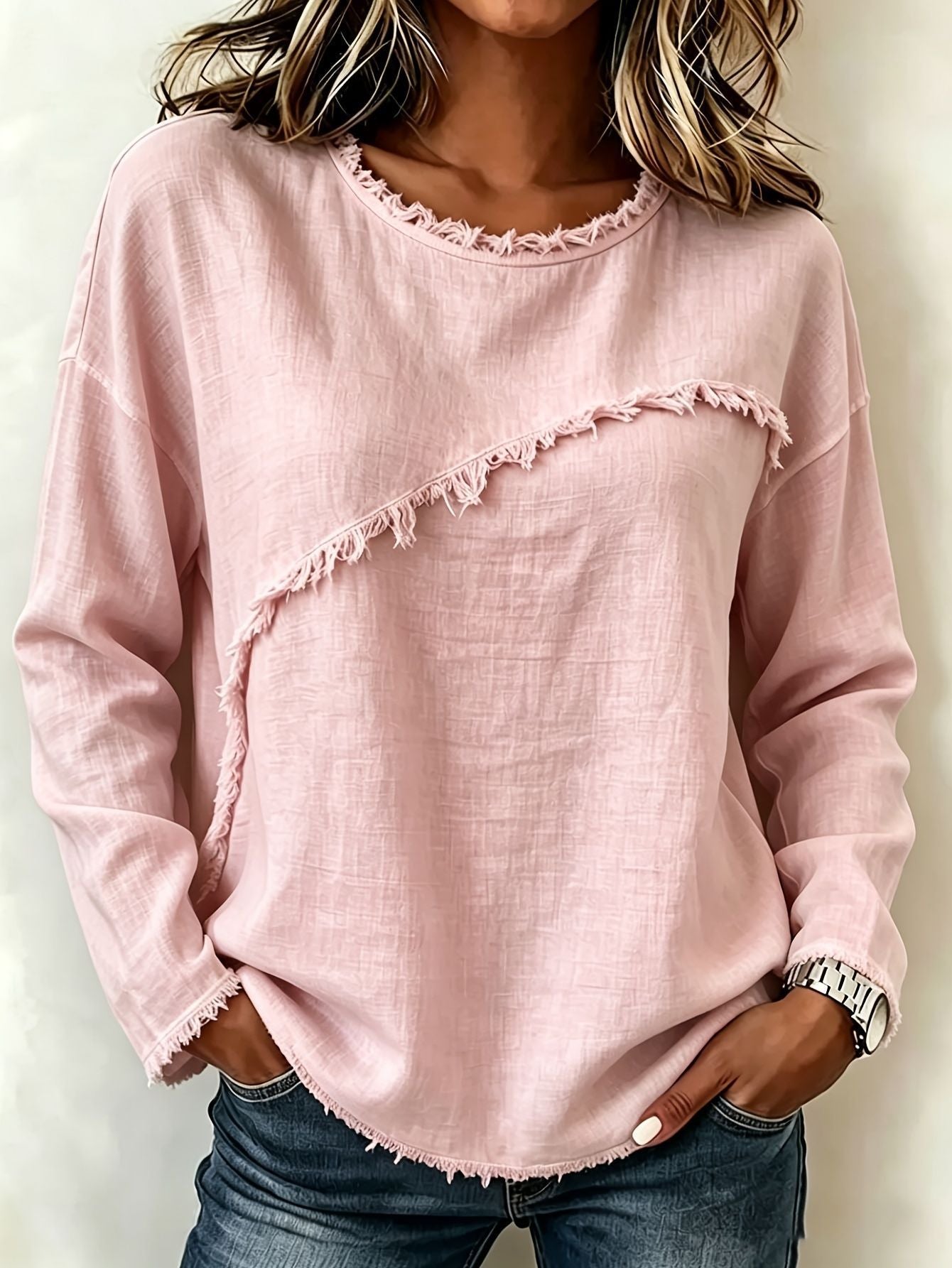Round Neck Lace Spliced Long Sleeve T-shirt, Casual Top