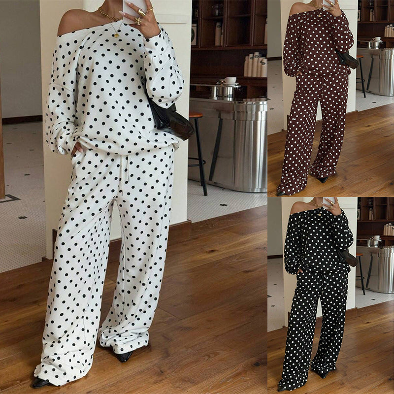 Polka-dot Print Long-sleeve Pants Casual Loose-fitting Set