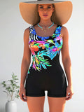 2026 New Black One-Piece Boyleg Swimsuit With Colorful Tropical Floral Print, Scoop Neck Tummy Control Bathing Suit