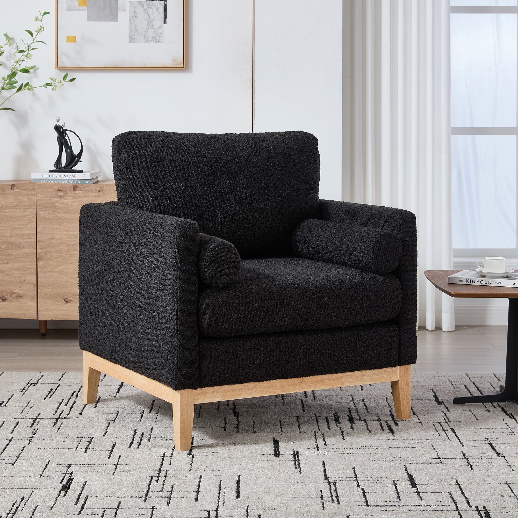 35.4  Wide Modern Farmhouse Performance Accent Chair With Natural Wood Legs, Wood Base Reading Armchair Single Sofa With Two Bolster Pillows For Living Room Offices And Lounge, Black Boucle.