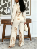 Two Piece Set Of Rice Bottom Brown Banana Leaf Printed Twisted Shirt And High Waist Wide Leg Pants