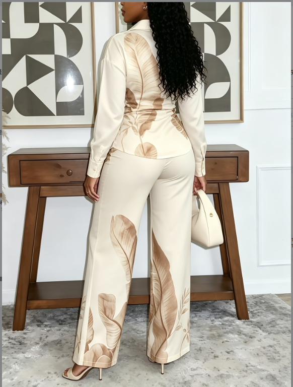 Two Piece Set Of Rice Bottom Brown Banana Leaf Printed Twisted Shirt And High Waist Wide Leg Pants
