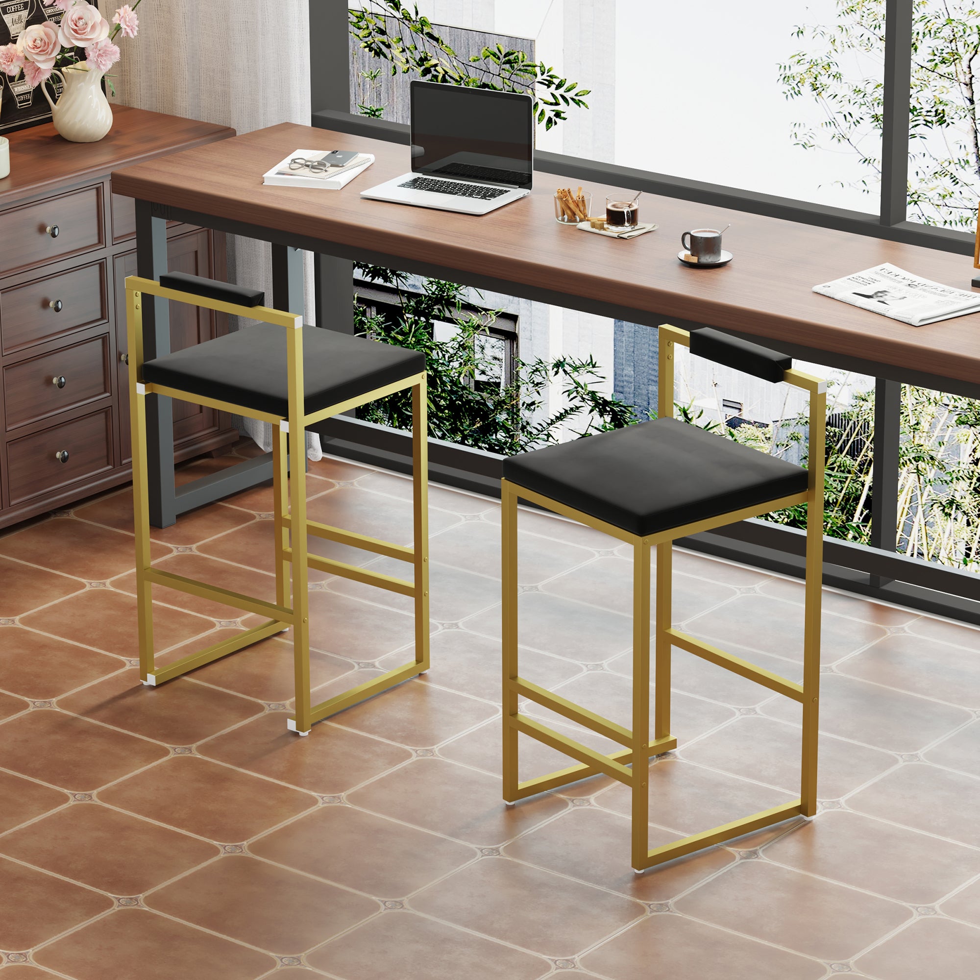 Modern Velvet Counter Height Bar Stools With Low Backrest Set Of 2 Upholstered Dining Stools For Kitchen Island  Gold & Black