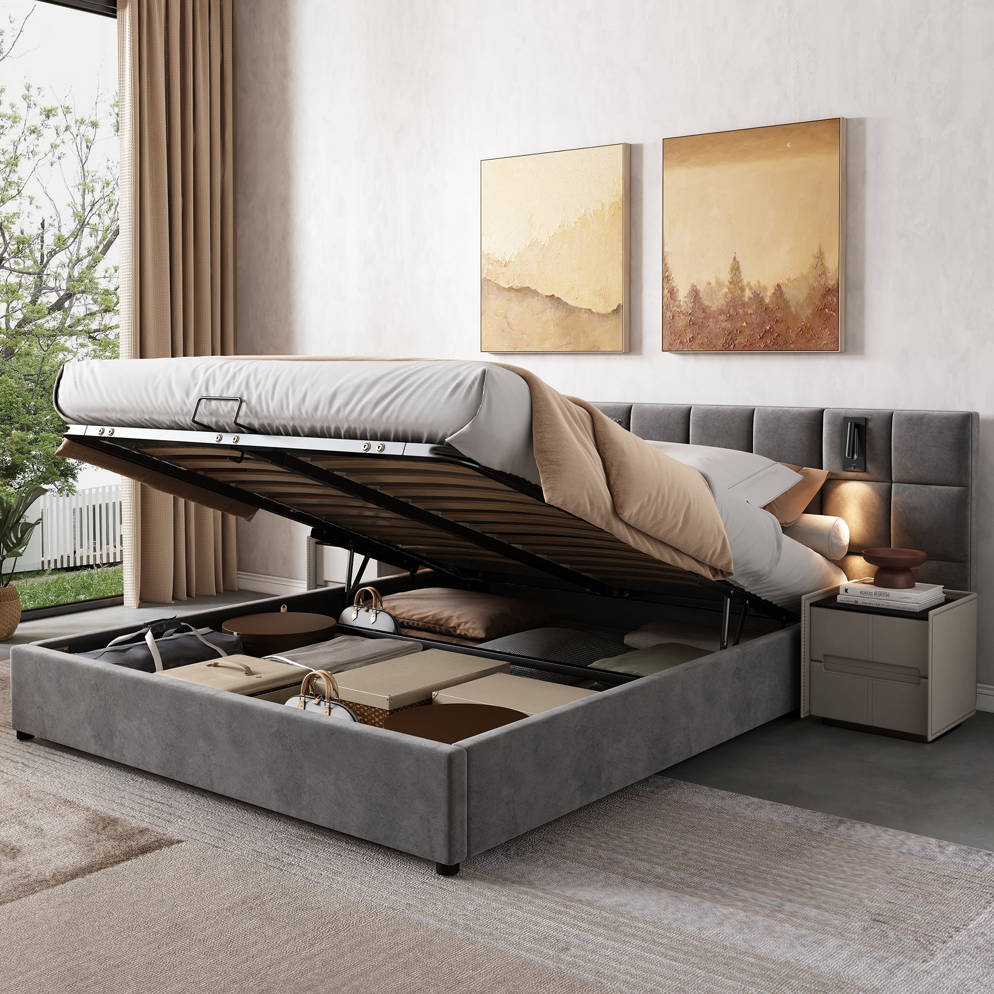 Upholstered Bed, Super King Size Bed 6ft 180x200 , Hydraulic Storage Bed With Directional Lamp And USB Charging, Wide Headboard, Without Bedside Tables And Mattress, Velvet, Grey