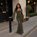 Flocked-print Slimming Flared Long-sleeve Dress