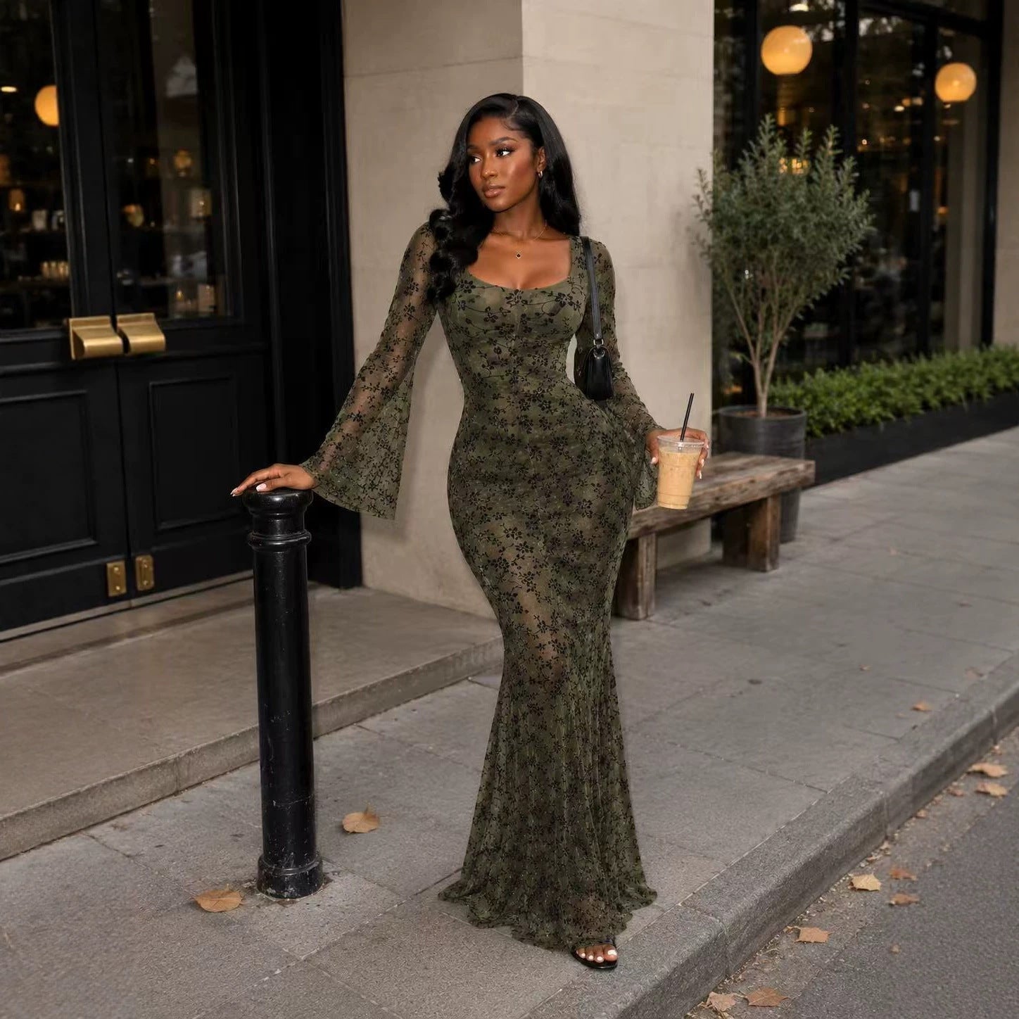Flocked-print Slimming Flared Long-sleeve Dress