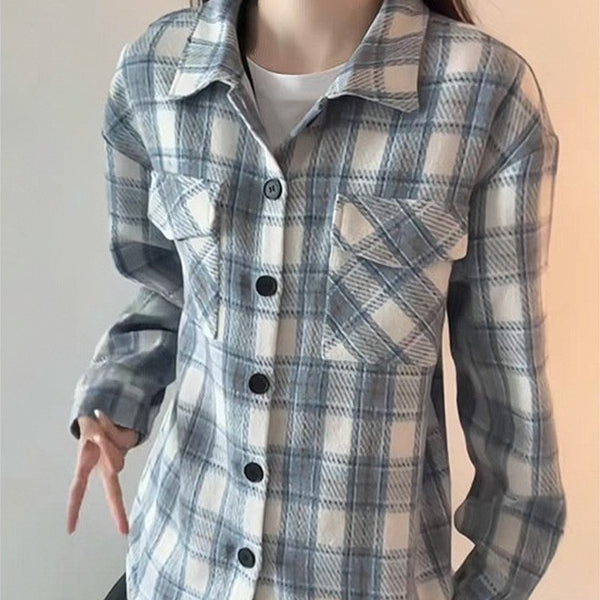 Sky Blue American Style Heavyweight Plaid Womens Shirt