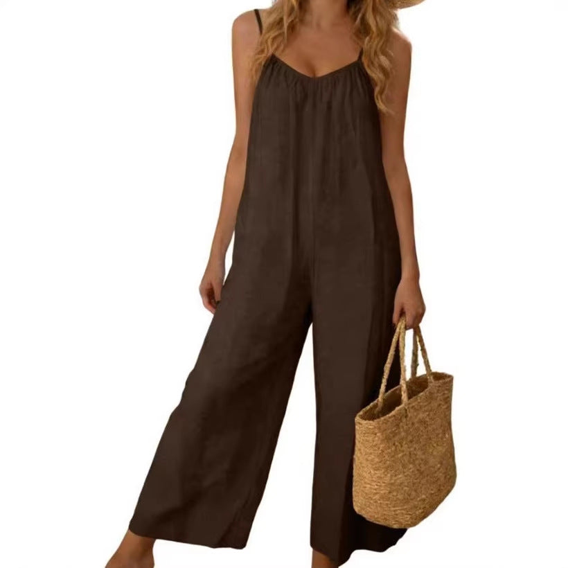 Adjustable-strap Jumpsuit Solid-color With Patch Pockets Loose-fit Overalls