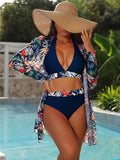 Women's Navy Contrast Leaf Print Swimwear, Deep Halter Top High Cut Bottom Matching Beach Robe