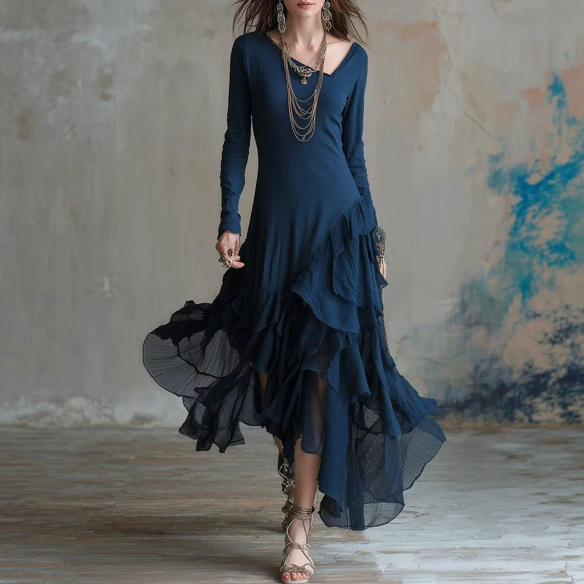 Asymmetrical Ruffled Hem Casual Waist-cinching Slimming Dress With A Mock Neck And Vintage Flair