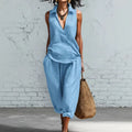 Womens Minimalist Two-piece Set Featuring A Lapel-neck Shirt And Wide-leg Pants