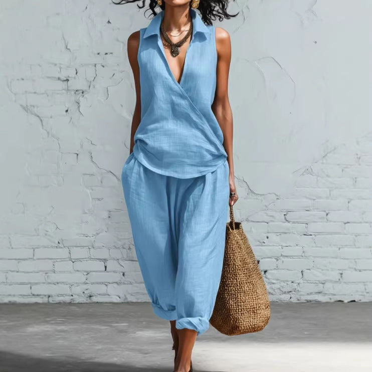 Womens Minimalist Two-piece Set Featuring A Lapel-neck Shirt And Wide-leg Pants