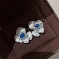 Sparkling 3D Blue Flower Stud Earrings, New Chinese Style Light Luxury Elegant High-End Ear Jewelry For Women