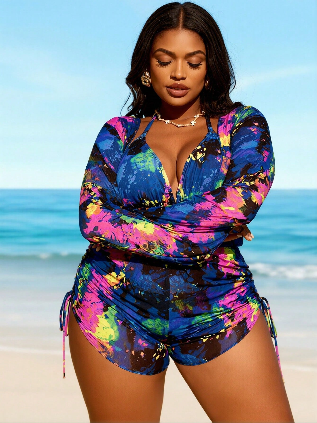 2026 New Plus Size Tie Dye Long Sleeve Rash Guard One Piece Swimsuit Side Drawstring Beachwear