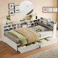 3ft Single L-Shape Daybed With Two Storage Drawers And Bookcase Storage, Linen Concealed Headboard Storage With Charging Station, Wood Bed For Living Room  Bedroom  Study Room, White  No Mattress