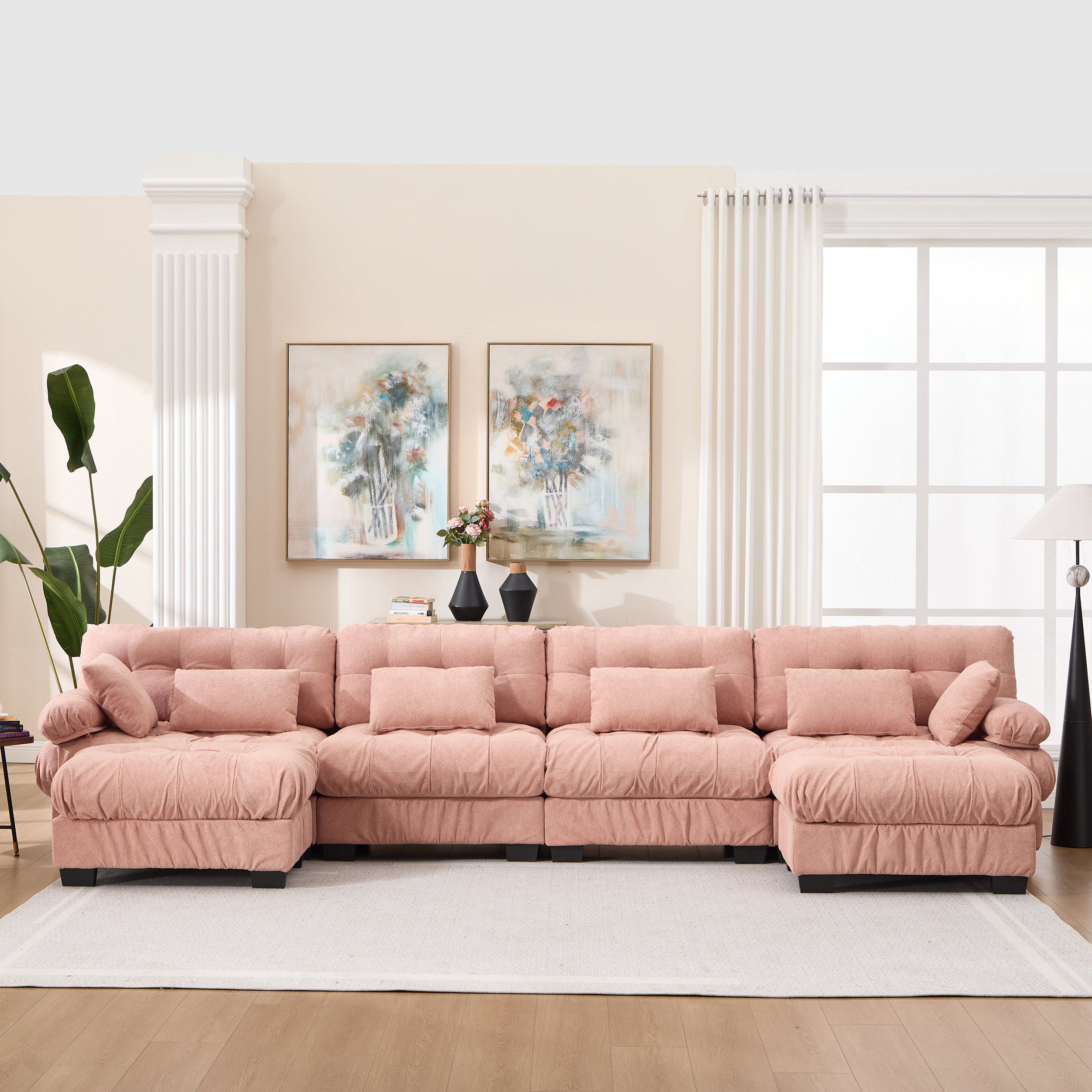 U Shaped Couch Modular Sectional Sofa, Modern Deep Seat Cloud Couch, Oversized Modular Couches For Living Room, Comfy Advanced Flannelette Sofa Bed With Round Armrests 6 Pillows,Sofas For Bedroom