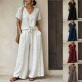 Solid-color Cotton-linen Short-sleeve Relaxed-fit Top And High-waisted Wide-leg Pants Set